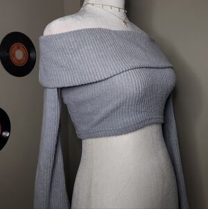 Womens Baby Blue Off-Shoulder Crop Sweater